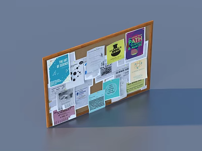 Corkboard Notice Board Decorated With Colorful Notes Papers And Posters 3d model