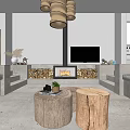 Cozy Boutique Guesthouse Interior With Stone Fireplace Built-in Sofa Wooden Stools And Pendant Lights