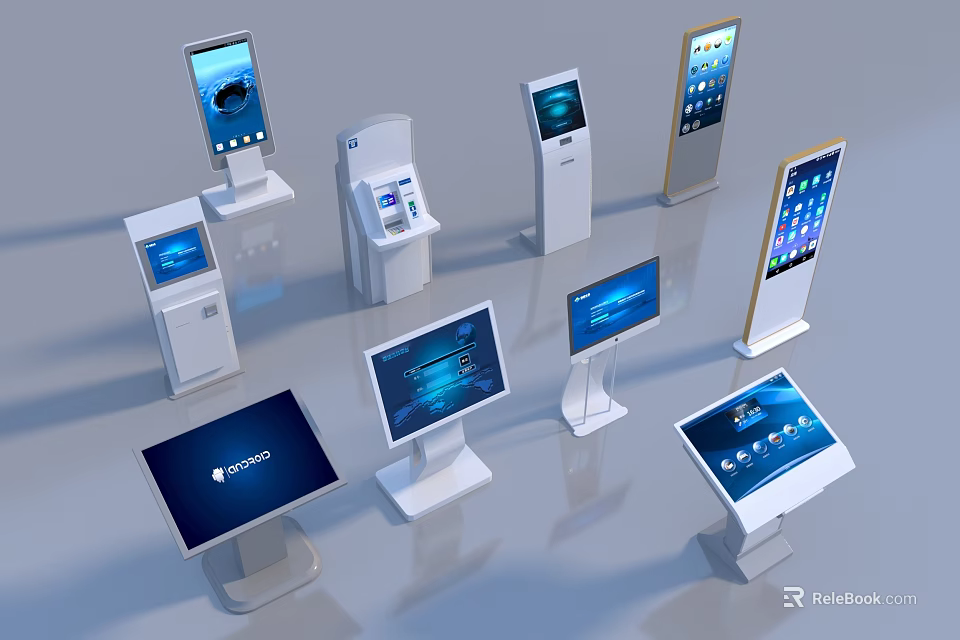 Public Facilities With Various Self Service Kiosks Including Floor Standing Desktop And Screen Displays 3d model 