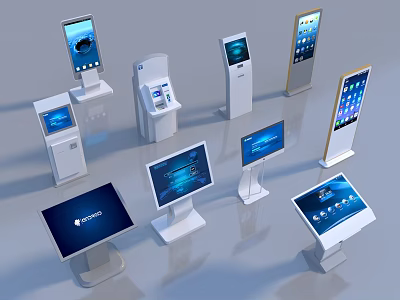 Public Facilities With Various Self Service Kiosks Including Floor Standing Desktop And Screen Displays 3d model