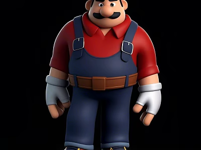 Cartoon Style Male Character With Red Shirt Blue Overalls And White Gloves 3d model