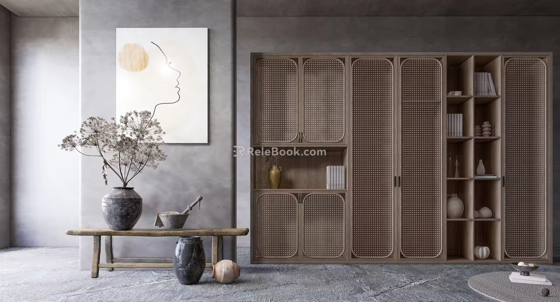 Quiet Bookcase Rattan Decorative Cabinet 3d model