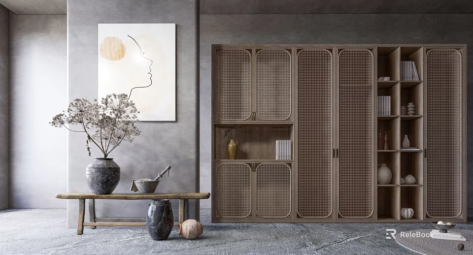 Modern Wooden Bookcase Interior Design With Grid Doors And Decorative Items 3d model 