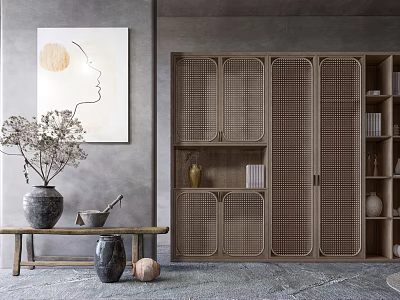 Modern Wooden Bookcase Interior Design With Grid Doors And Decorative Items 3d model