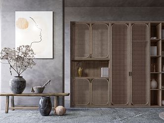 Quiet Bookcase Rattan Decorative Cabinet 3d model