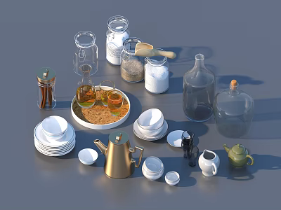 Assorted Kitchen Utensils Including Glass Jars Ceramic Plates Teapots And Spice Containers 3d model