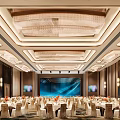 Luxurious Banquet Hall With White Covered Chairs Round Tables Ceiling Lights And Background LED Screen