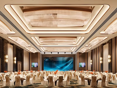 Luxurious Banquet Hall With White Covered Chairs Round Tables Ceiling Lights And Background LED Screen 3d model