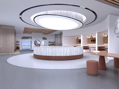 Elegant Modern Café Interior Featuring Round Bar Counter Comfortable Seating And Pendant Lights 3d model