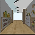 Kindergarten Corridor With Wooden Flooring Leaf Wave Shaped Wall Decor And Children Art Display Boards