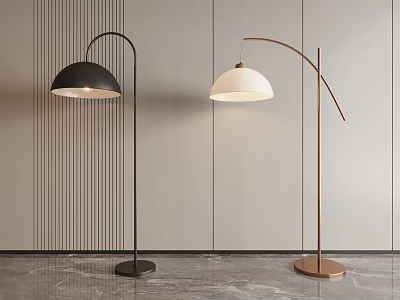 Modern Black and Gold Floor Lamps with Arched Design Against Striped Wall 3d model
