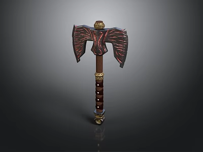 Ornate Axe Weapon with Wing Shaped Blades Red Black Patterns and Wooden Handle 3d model