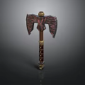 Ornate Axe Weapon with Wing Shaped Blades Red Black Patterns and Wooden Handle