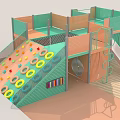 Multi Level Playground Equipment with Orange Green Platforms and Slide 3d model