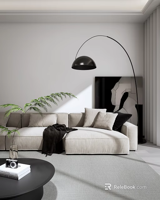 Bright Minimalist Modern Living Room With Soft Sectional Sofa Arched Floor Lamp And Natural Greenery 3d model 