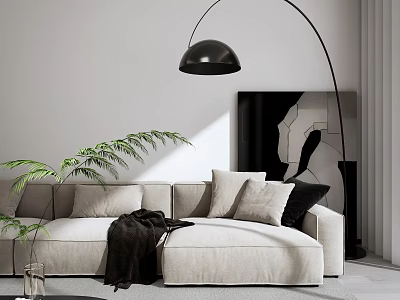Bright Minimalist Modern Living Room With Soft Sectional Sofa Arched Floor Lamp And Natural Greenery 3d model