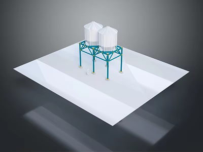 Industrial White Storage Tanks With Blue Metal Frame Mounted On White Platform 3d model