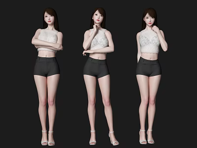 Three Women In Poses Wearing White Lace Top Black Shorts High Heels On Black Background 3d model