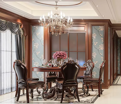Elegant Restaurant Interior With Chandelier Dark Wooden Paneling Floral Wallpaper And Round Dining Table 3d model