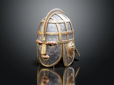 Ancient Metal Helmet With Intricate Grid Design And Decorative Facial Elements 3d model