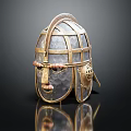 Ancient Metal Helmet With Intricate Grid Design And Decorative Facial Elements