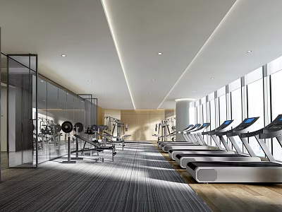 Modern Fitness Gym With Spacious Interior Treadmills Exercise Equipment And Large Windows 3d model