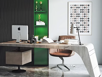 Modern Office Interior With Wooden Desk Apple Computer Leather Chair Books Table Lamp And Wall Art 3d model