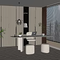 Modern Home Office With White Desk Stools Bookshelf Pendant Light And Potted Plants