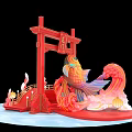 Traditional Chinese Photo Check in Spot With Red Archway Golden Fish Red Bridge And Lanterns