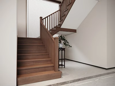 Wooden Staircase Interior with Handrail Steps White Walls Small Table and Green Plant 3d model