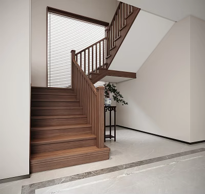 Wooden Staircase Interior with Handrail Steps White Walls Small Table and Green Plant 3d model