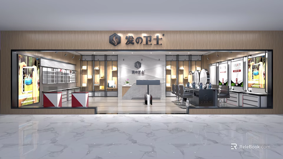 Modern Hair Salon Interior With Stylish Reception Counter And Hair Styling Stations 3d model 