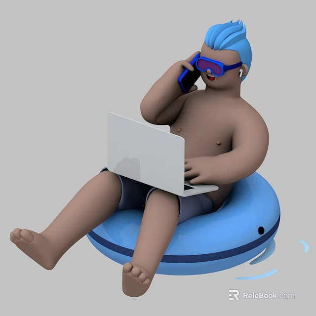 Man With Blue Hair Purple Glasses Talking On Phone Using Laptop On Blue Inflatable Ring 3d model 