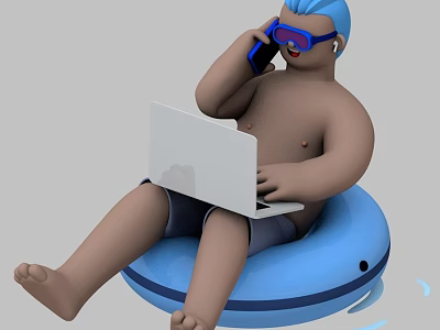 Man With Blue Hair Purple Glasses Talking On Phone Using Laptop On Blue Inflatable Ring 3d model