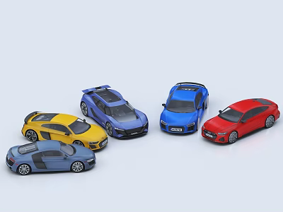 Colorful Sports Car Models in Yellow Blue Red Hues Arranged in Curved Formation 3d model