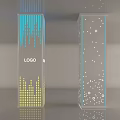 Two Transparent Reflective Pillars With Blue Yellow Graphics LOGO And White Dots On Gray Background