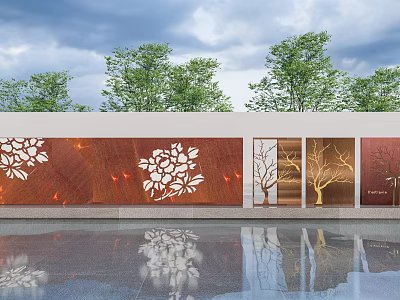 Feature Wall With White Hollow-out Patterns Red Background Tree-shaped Artworks And Water Reflections 3d model