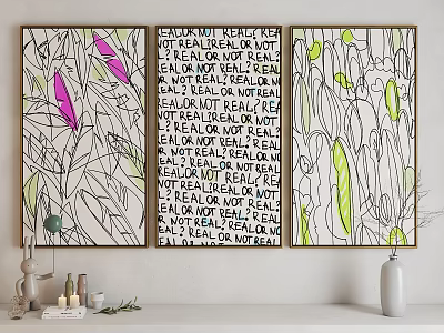 Three Panel Abstract Wall Art With Colorful Feathers And Central Text 3d model