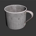 Silver Metal Cup With Handle Showing Scratches And Rust Spots On Reflective Dark Surface