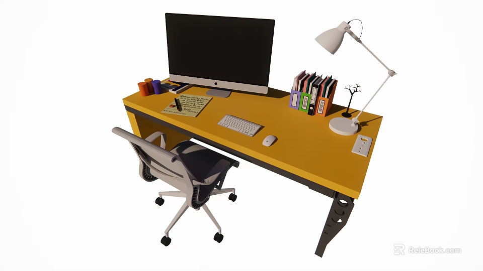 Functional Office Desk and Chair Set Featuring Computer Monitor Desk Lamp Books and Stationery 3d model 