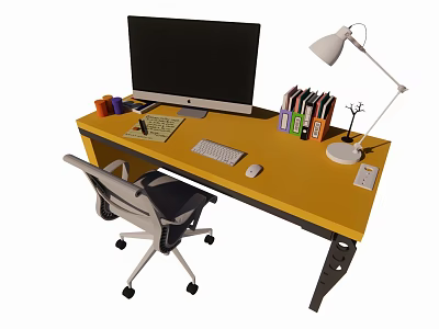 Functional Office Desk and Chair Set Featuring Computer Monitor Desk Lamp Books and Stationery 3d model