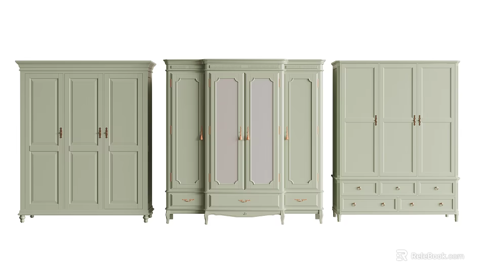 Light Green Modern Wardrobe Designs With Glass Doors Drawers And Metal Handles 3d model 