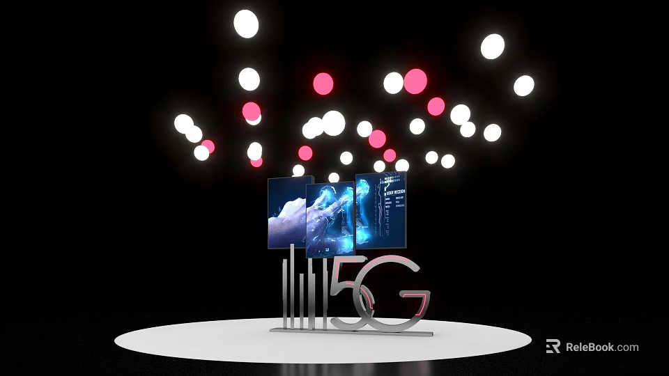 5G Exhibition Island With Digital Display Screens And Colorful Illuminated Lights 3d model 