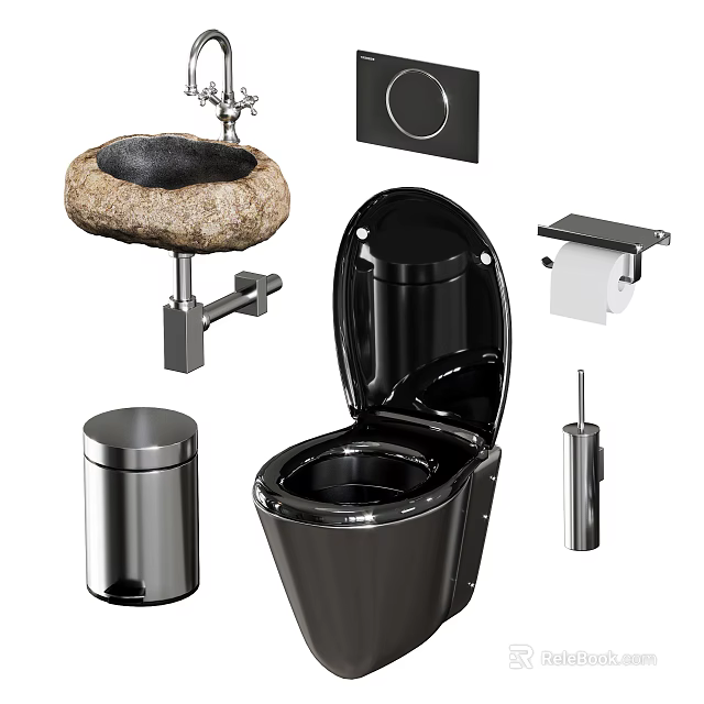 Modern Black Toilet With Stone Basin Faucet Stainless Steel Trash Can And Accessories 3d model 