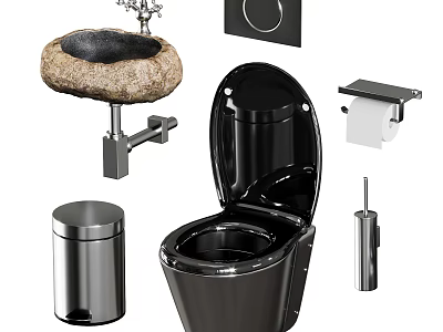 Modern Black Toilet With Stone Basin Faucet Stainless Steel Trash Can And Accessories 3d model