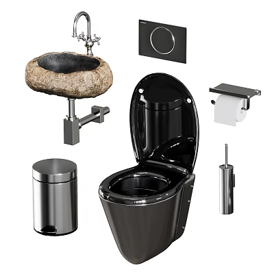 Modern Black Toilet With Stone Basin Faucet Stainless Steel Trash Can And Accessories 3d model
