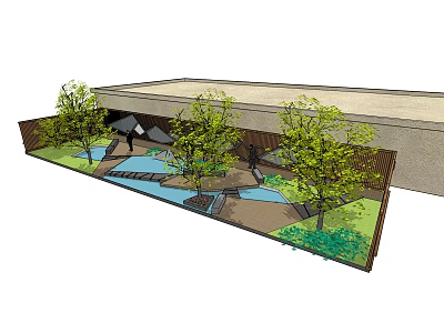 Serene Courtyard Garden With Trees Pathway Water Stream And Seating For Relaxation 3d model