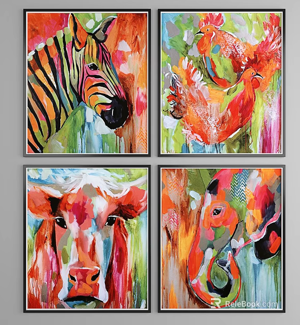 Colorful Animal Paintings Featuring Zebra Rooster Cow And Pig Vibrant Abstract Artworks 3d model 