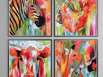 Colorful Animal Paintings Featuring Zebra Rooster Cow And Pig Vibrant Abstract Artworks 3d model