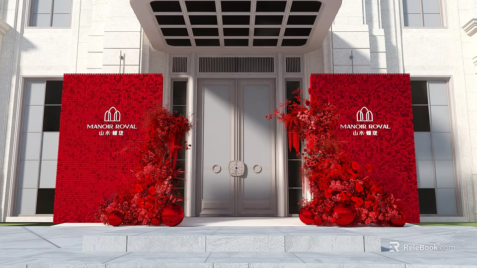 Royal Mansion Entrance Photo Spot With Red Backdrops And Floral Decorations 3d model 